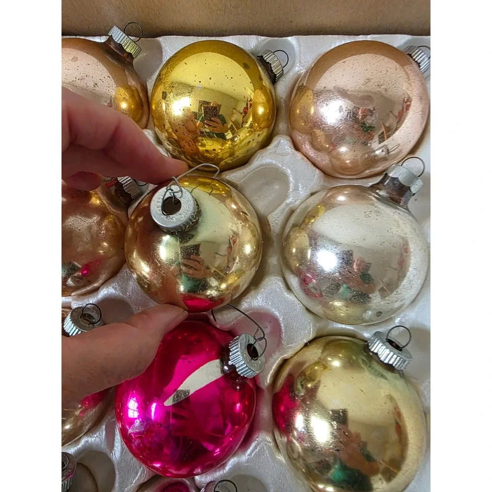 Vintage shiny Brite solid mercury glass ornament set box Pink gold silver